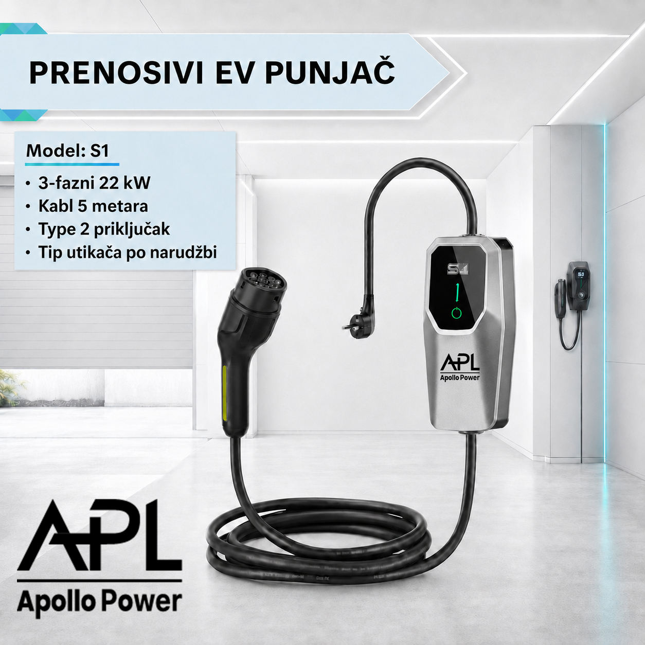 APL S1 prenosivi EV punjač 22kW